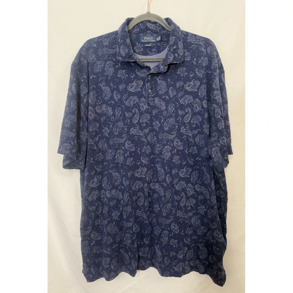 Polo Ralph Lauren Navy Paisley Print Cotton Short Sleeve Polo Shirt Mens XXL‎